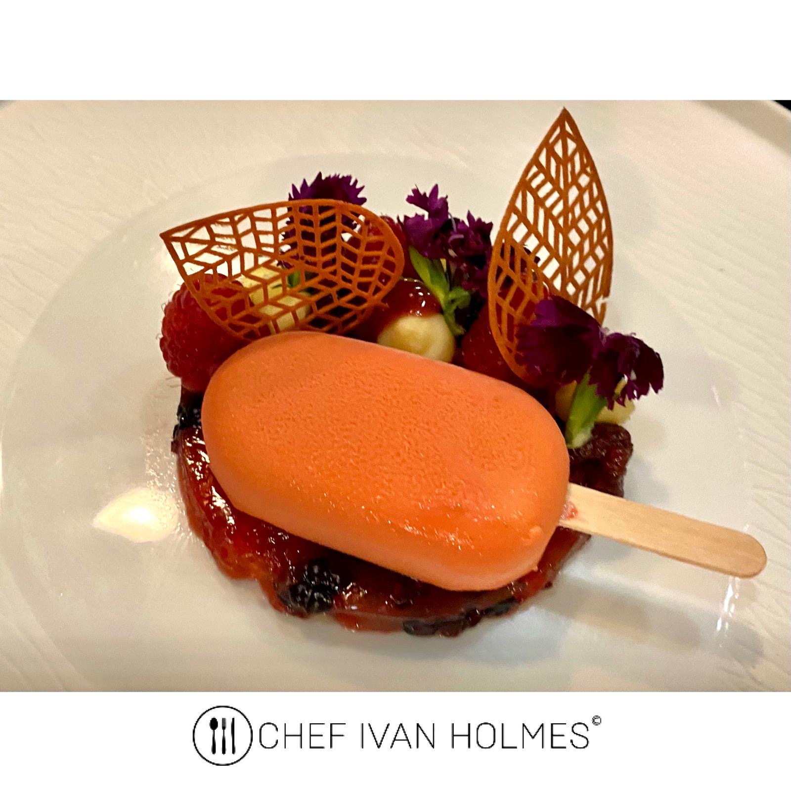 Strawberry sorbet magnum with berry compote and caramel tuiles
