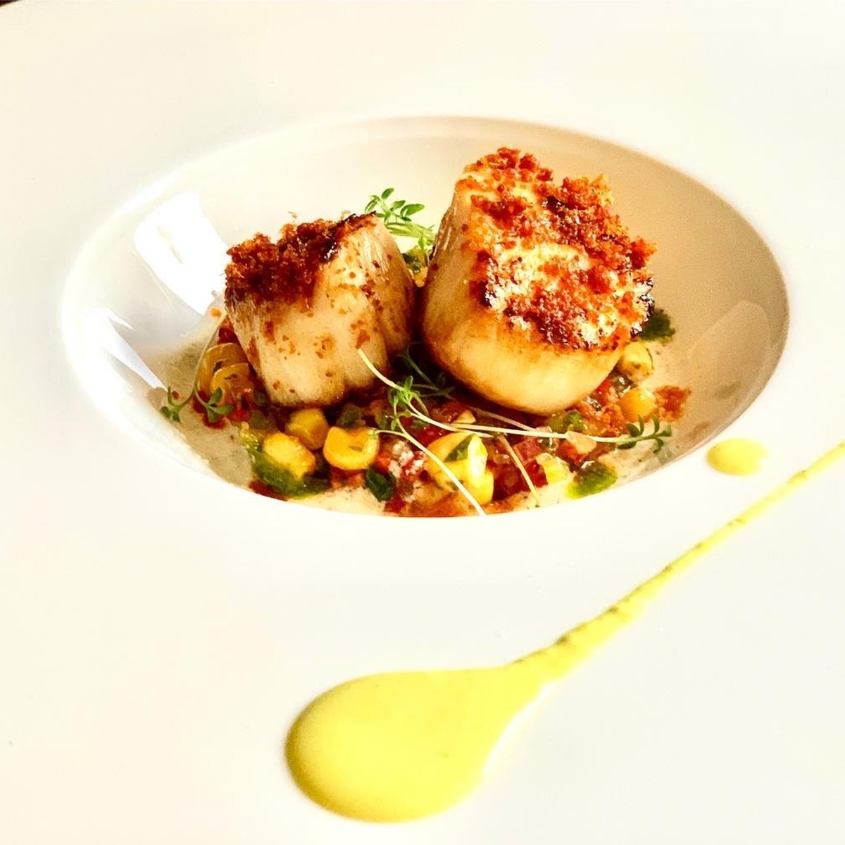 Seared scallops with a crisp crumb, sweetcorn and saffron sauce